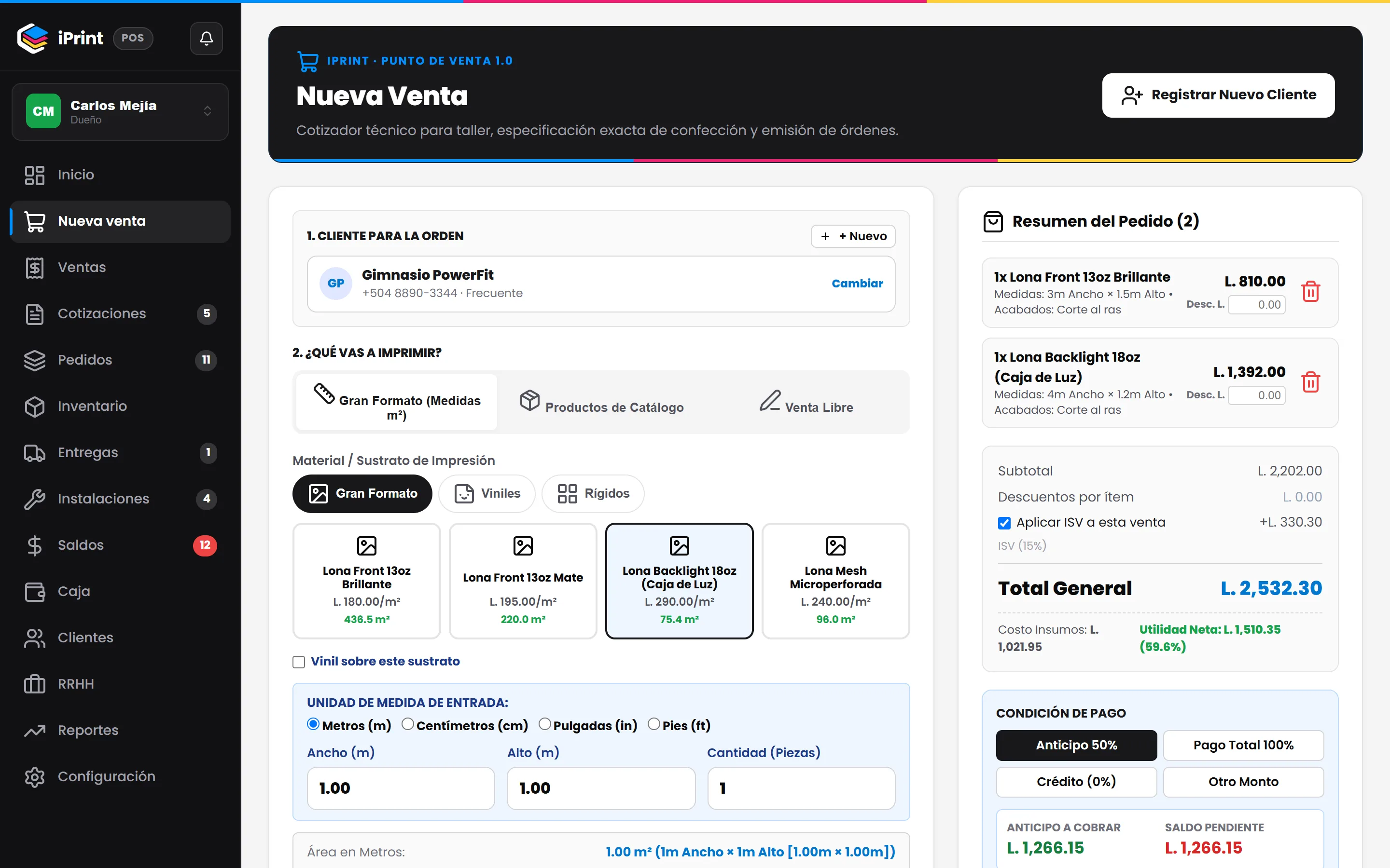 Punto de venta de iPrint con dos lonas en el carrito, total con ISV y utilidad neta